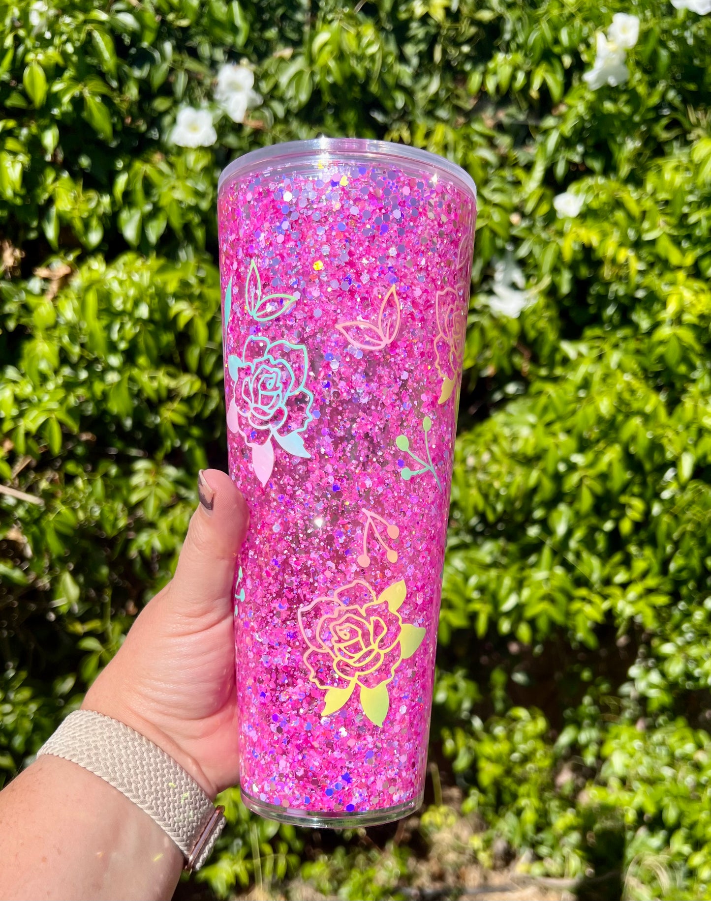 24 oz Acrylic Snow Globe Ombre Floral Glitter Tumbler