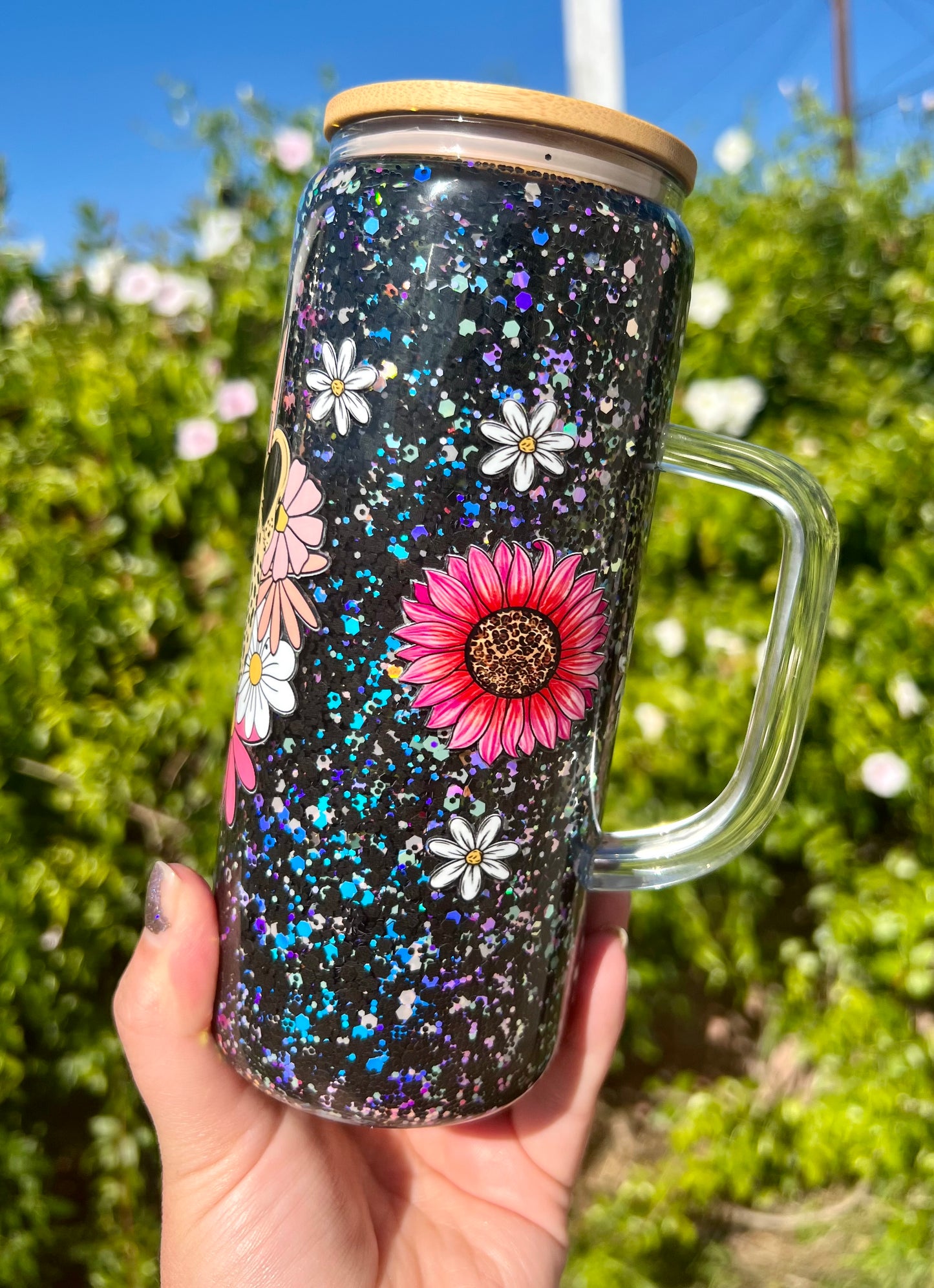 20 oz Glass Mug Style Snow Globe Mama Tiger Glitter Tumbler