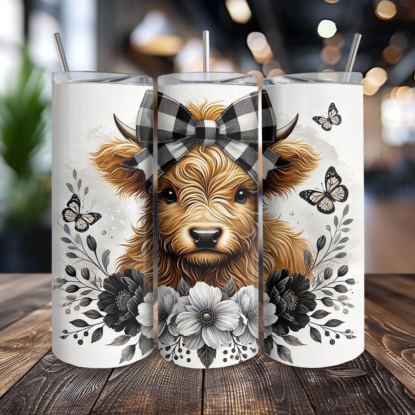 Highland Cow Black and White Gingham 20 oz. Skinny Tumbler