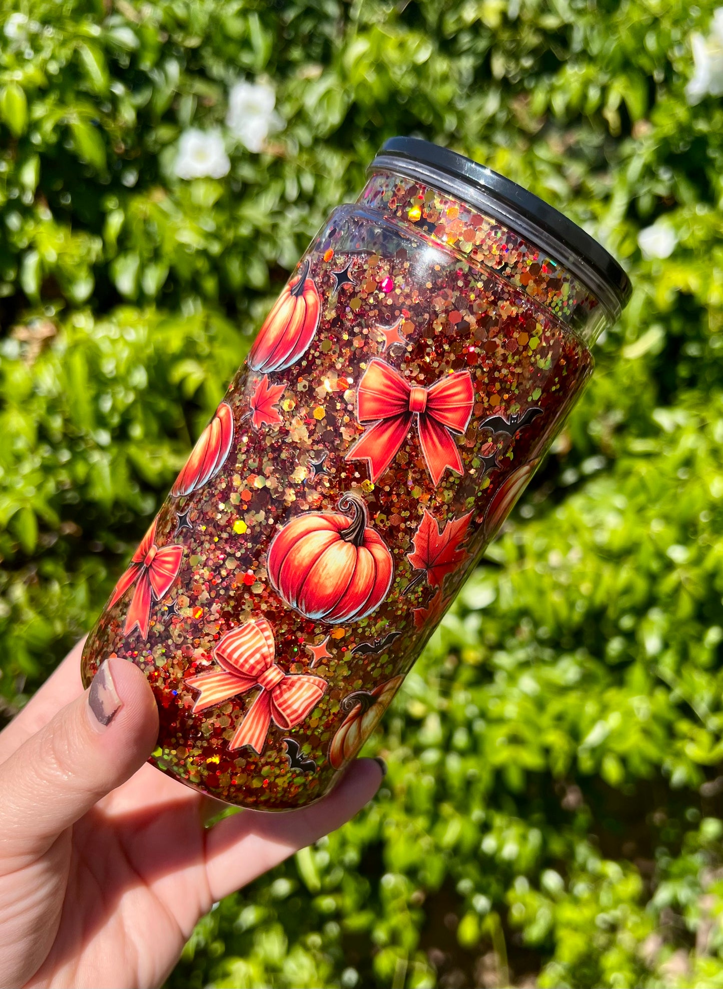 16 oz Acrylic Snow Globe Fall Vibes Glitter Tumbler