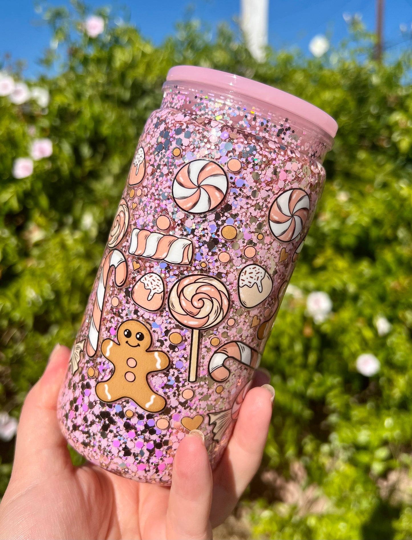 16 oz Acrylic Snow Globe Pink Gingerbread Man Tumbler