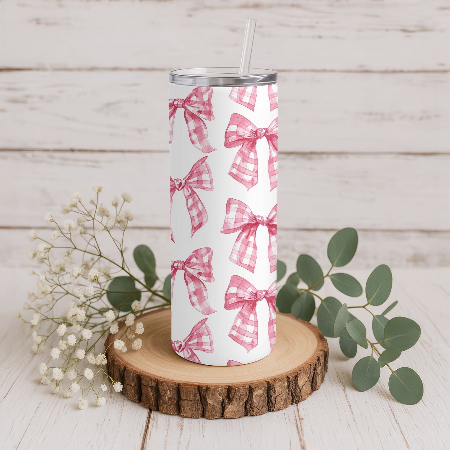 Pink Gingham Bow Coquette 20 oz. Skinny Tumbler