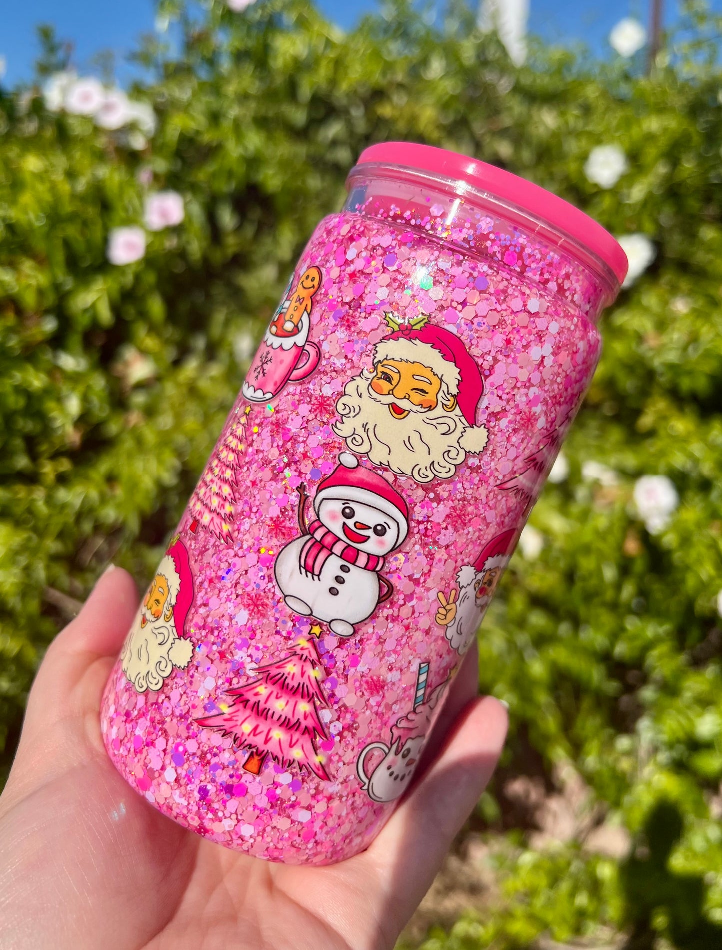 16 oz Acrylic Snow Globe Pink Holiday vibes Glitter Tumbler