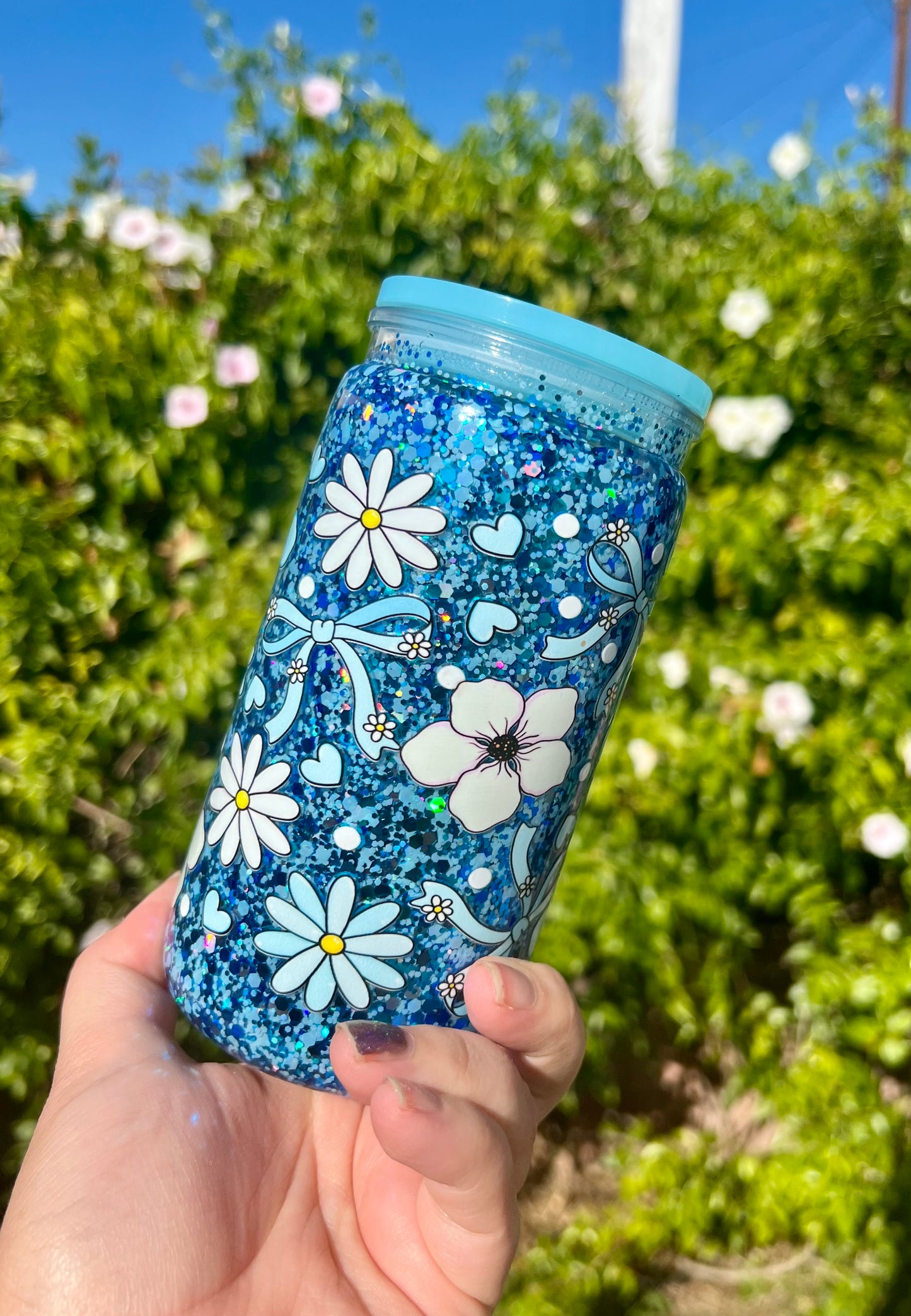 16 oz Acrylic Snow Globe Flowers & Bows Glitter Tumbler