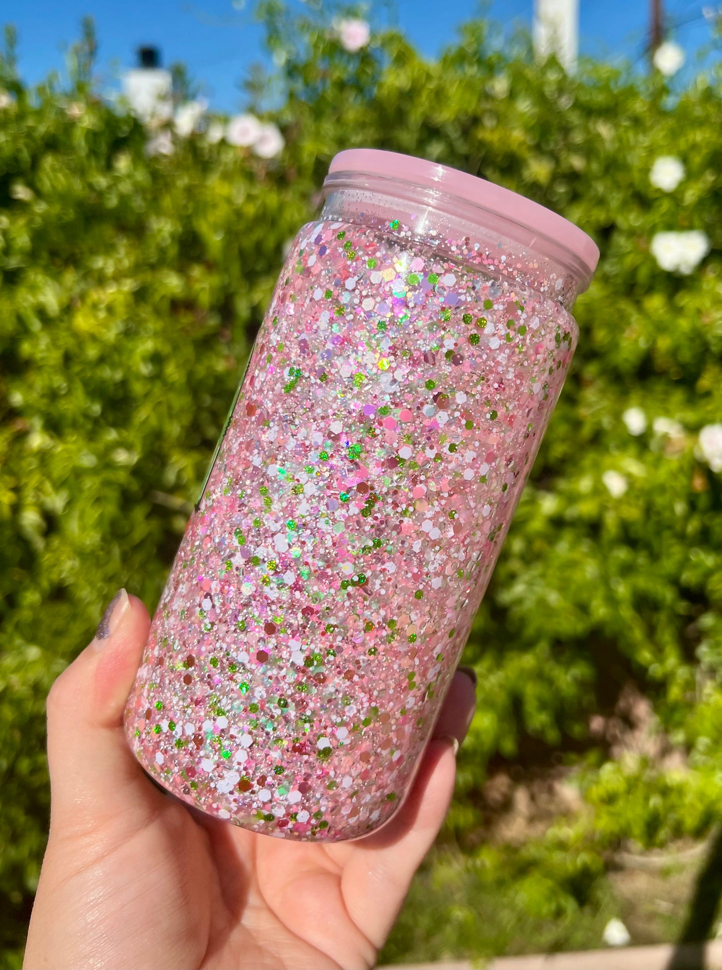 16 oz Acrylic Snow Globe Pink Holiday Mama Glitter Tumbler