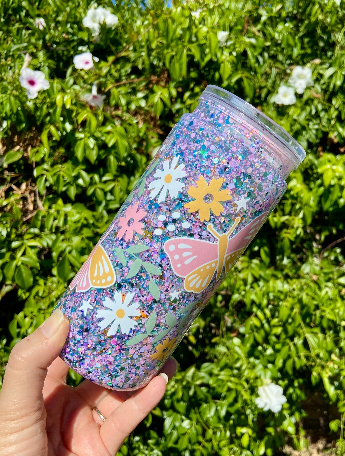 20 oz Acrylic Snow Globe Butterflies & Flowers Glitter Tumbler