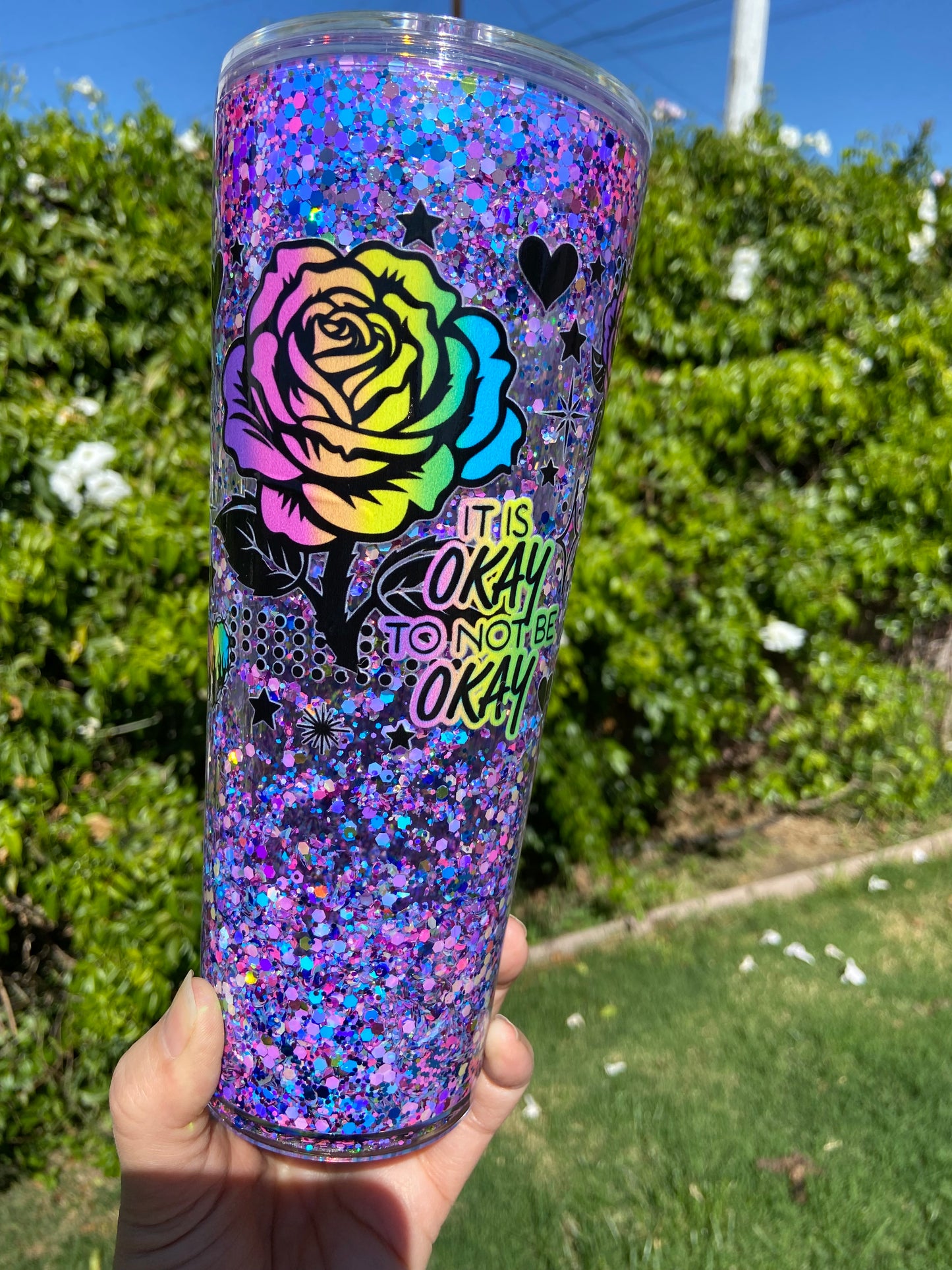 24 oz Acrylic Snow Globe "Its Okay to Not be Okay" Glitter Tumbler