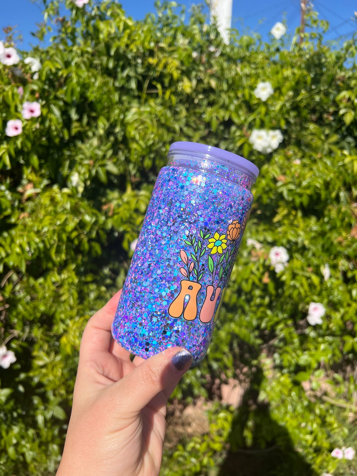 16 oz Acrylic Snow Globe Auntie Floral Glitter Tumbler
