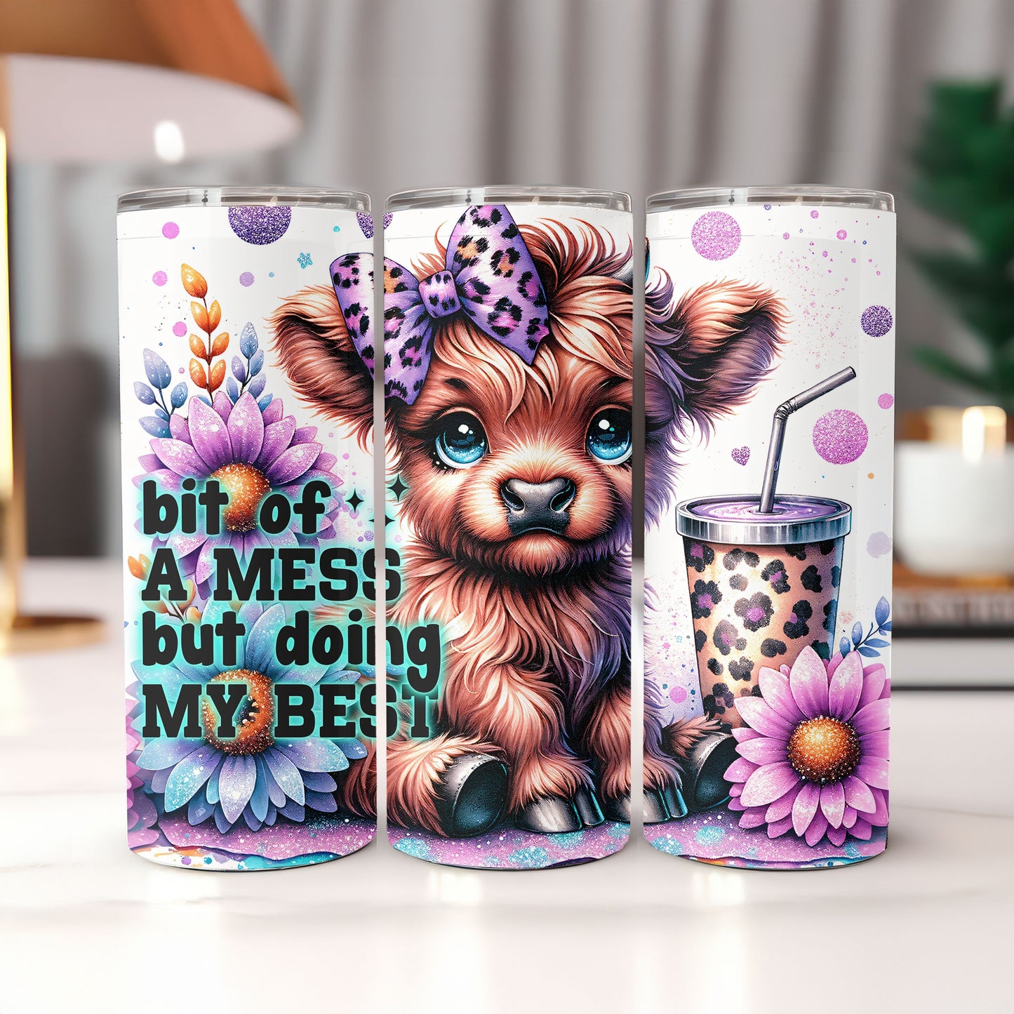 Bit of a Mess Highland Cow 20 oz. Skinny Tumbler