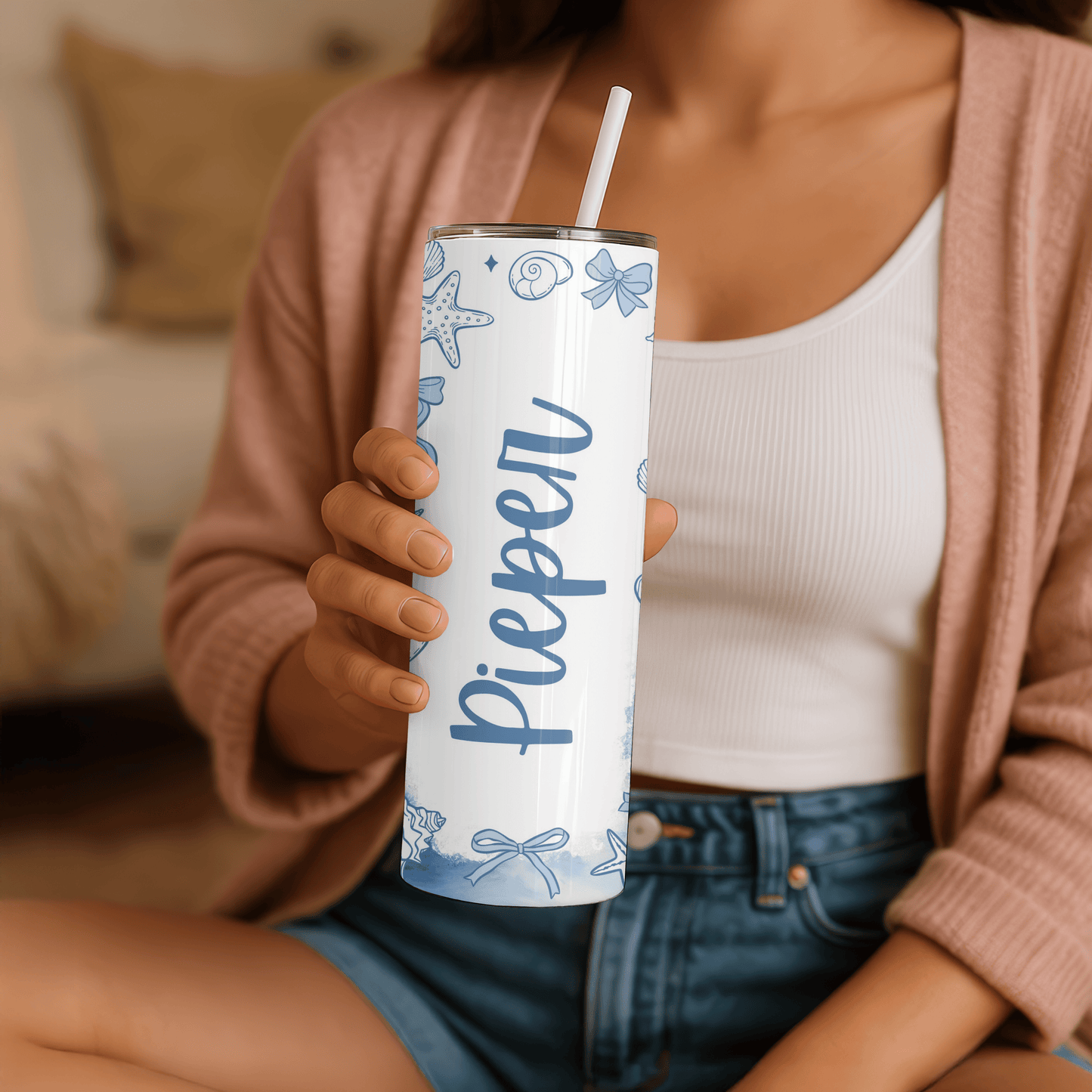Personalized coastal Seashell , 20 oz Skinny Tumbler