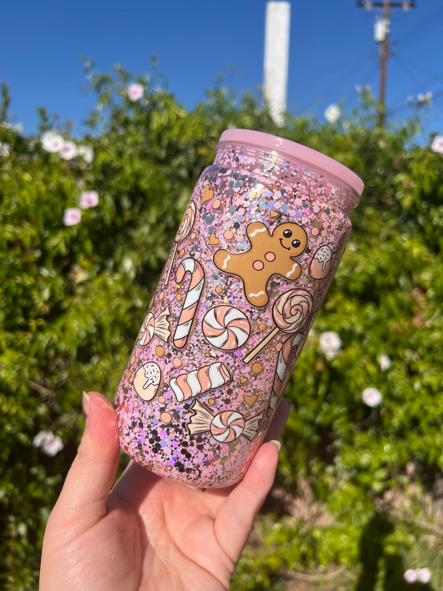 16 oz Acrylic Snow Globe Pink Gingerbread Man Tumbler