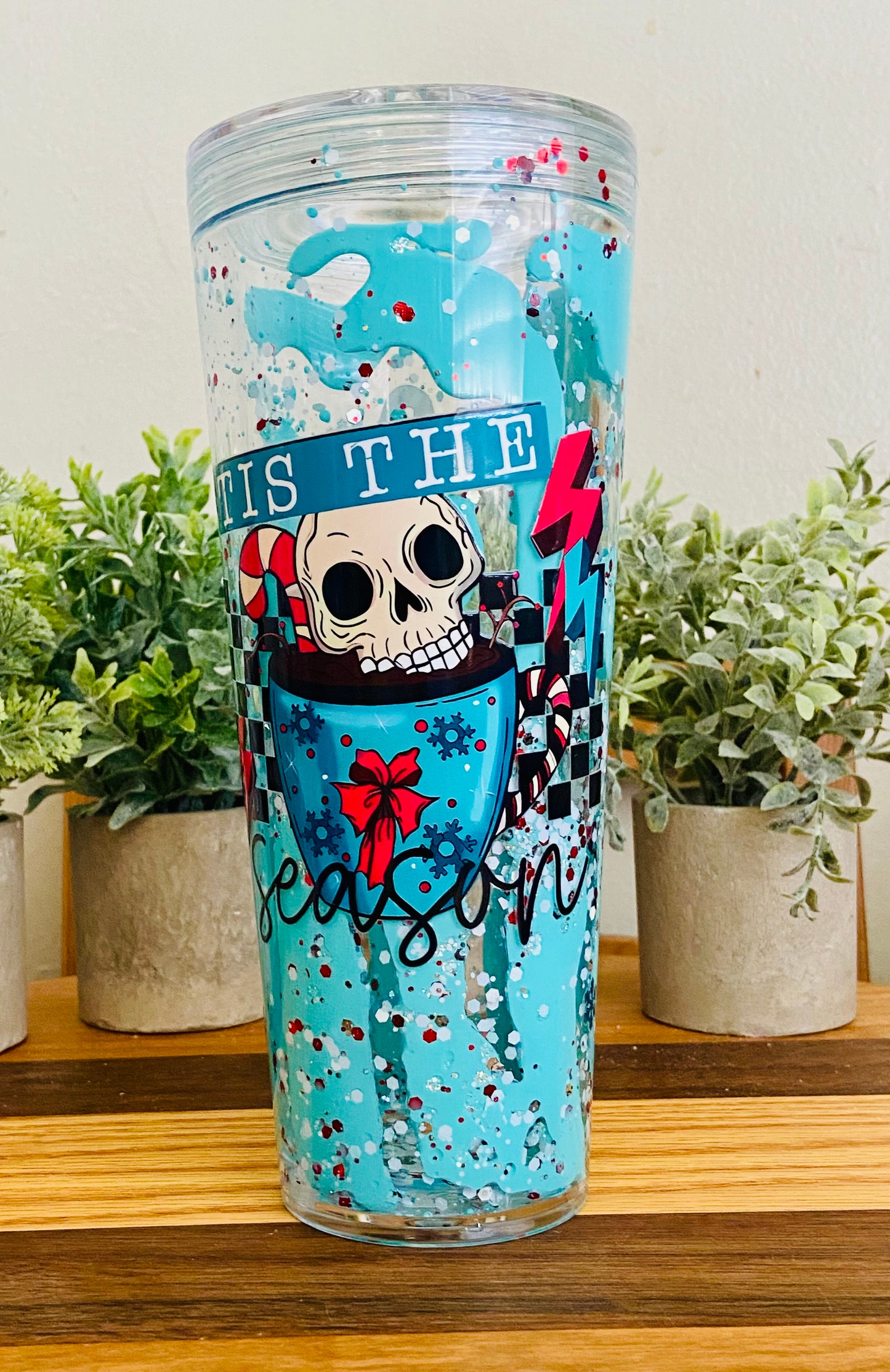 24 oz Acrylic Lava Snow Globe "Tis the Season" Skull Holiday Glitter Tumbler