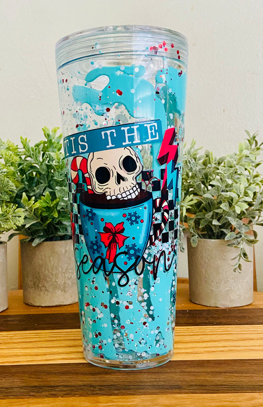 24 oz Acrylic Lava Snow Globe "Tis the Season" Skull Holiday Glitter Tumbler