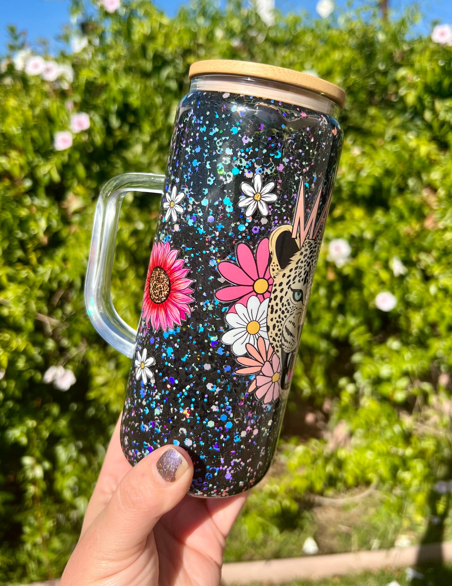 20 oz Glass Mug Style Snow Globe Mama Tiger Glitter Tumbler