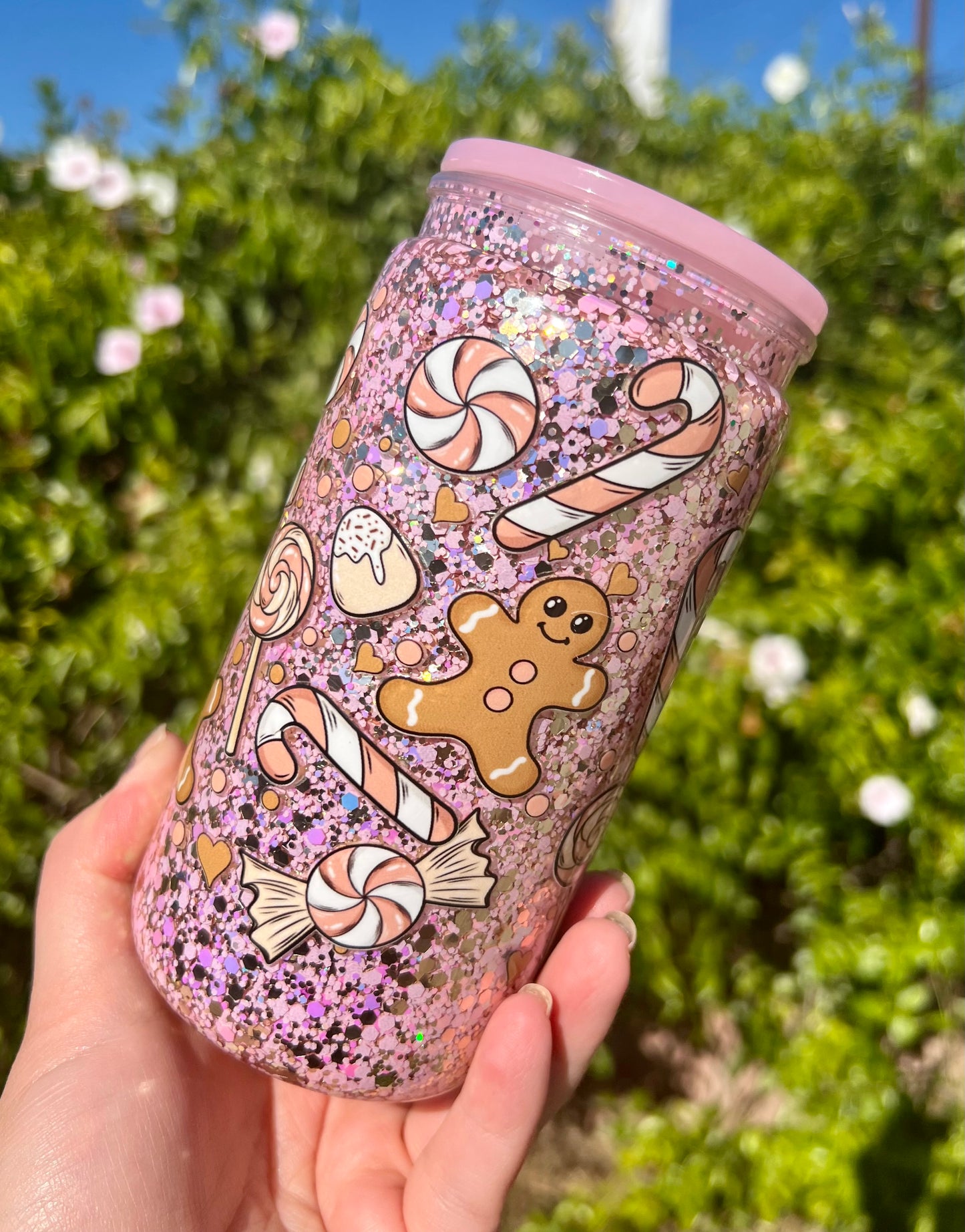 16 oz Acrylic Snow Globe Pink Gingerbread Man Tumbler