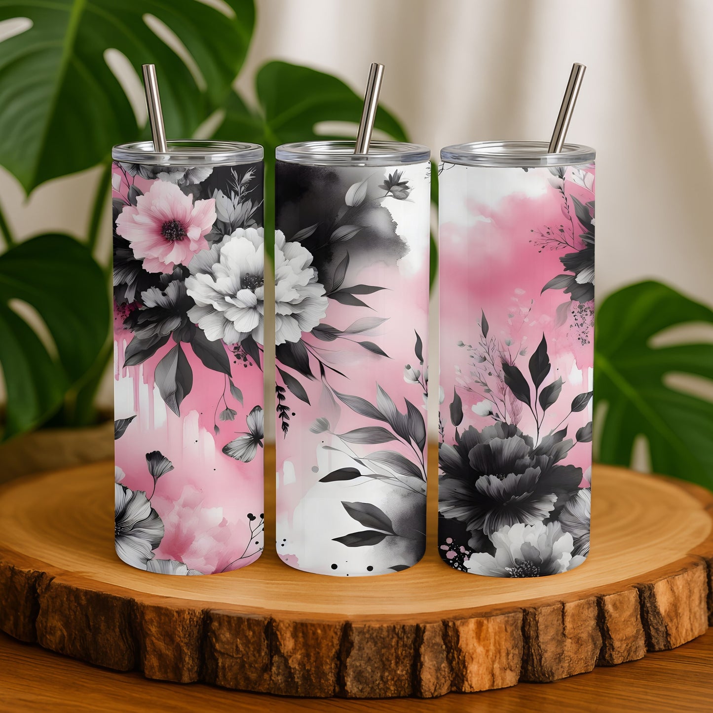 Pink and Black Floral 20 oz. Skinny Tumbler