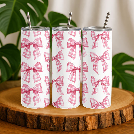 Pink Gingham Bow Coquette 20 oz. Skinny Tumbler