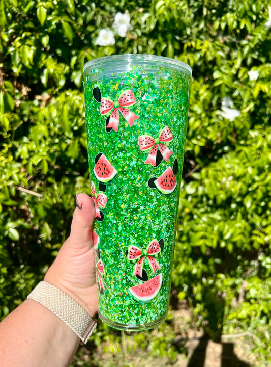 24 oz Acrylic Snow Globe Watermelon Bows Glitter Tumbler
