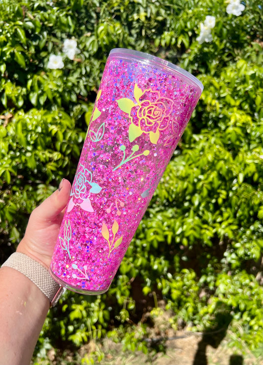 24 oz Acrylic Snow Globe Ombre Floral Glitter Tumbler