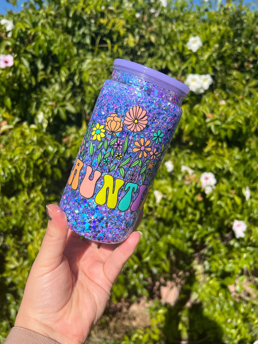 16 oz Acrylic Snow Globe Auntie Floral Glitter Tumbler