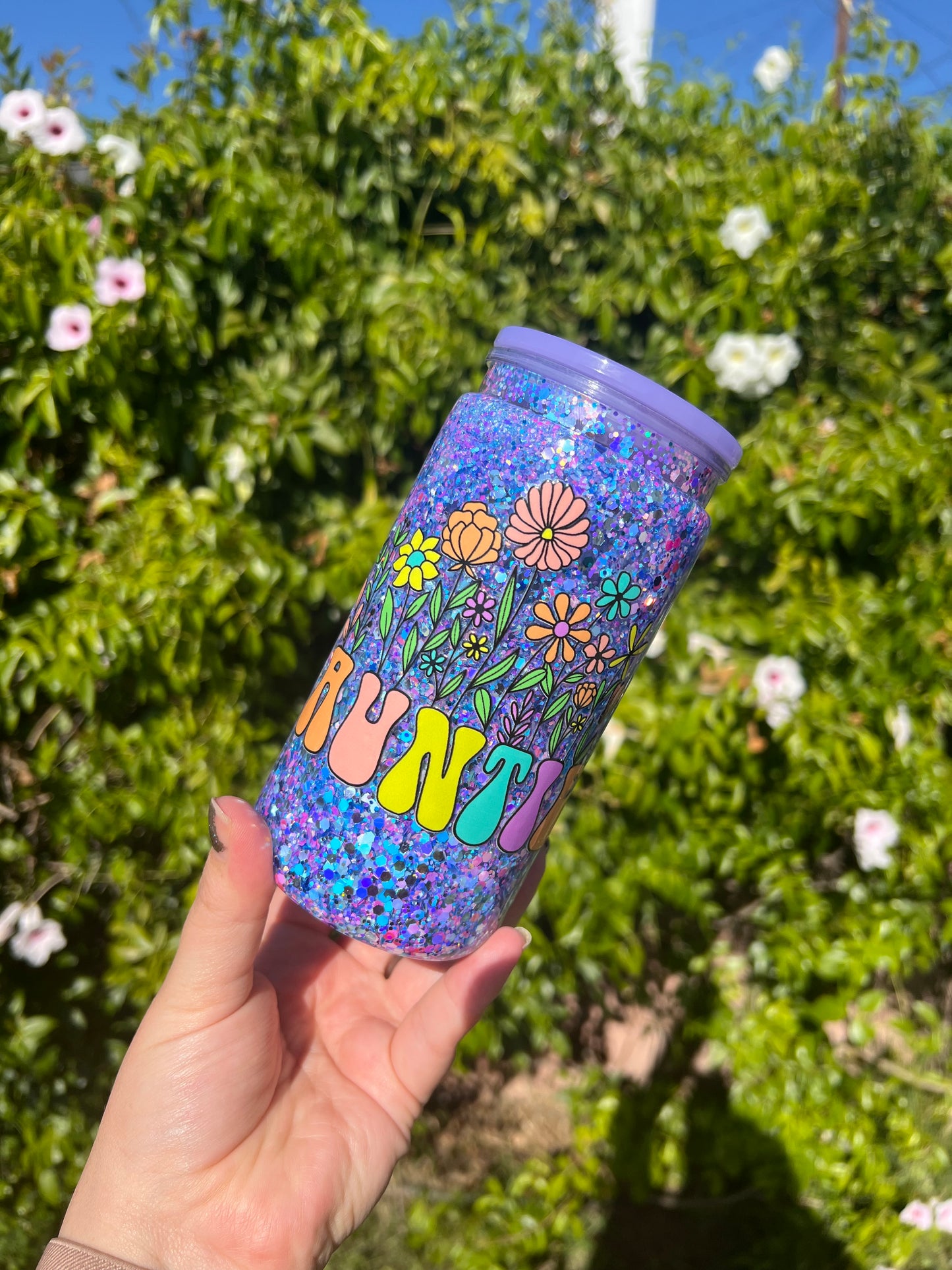 16 oz Acrylic Snow Globe Auntie Floral Glitter Tumbler