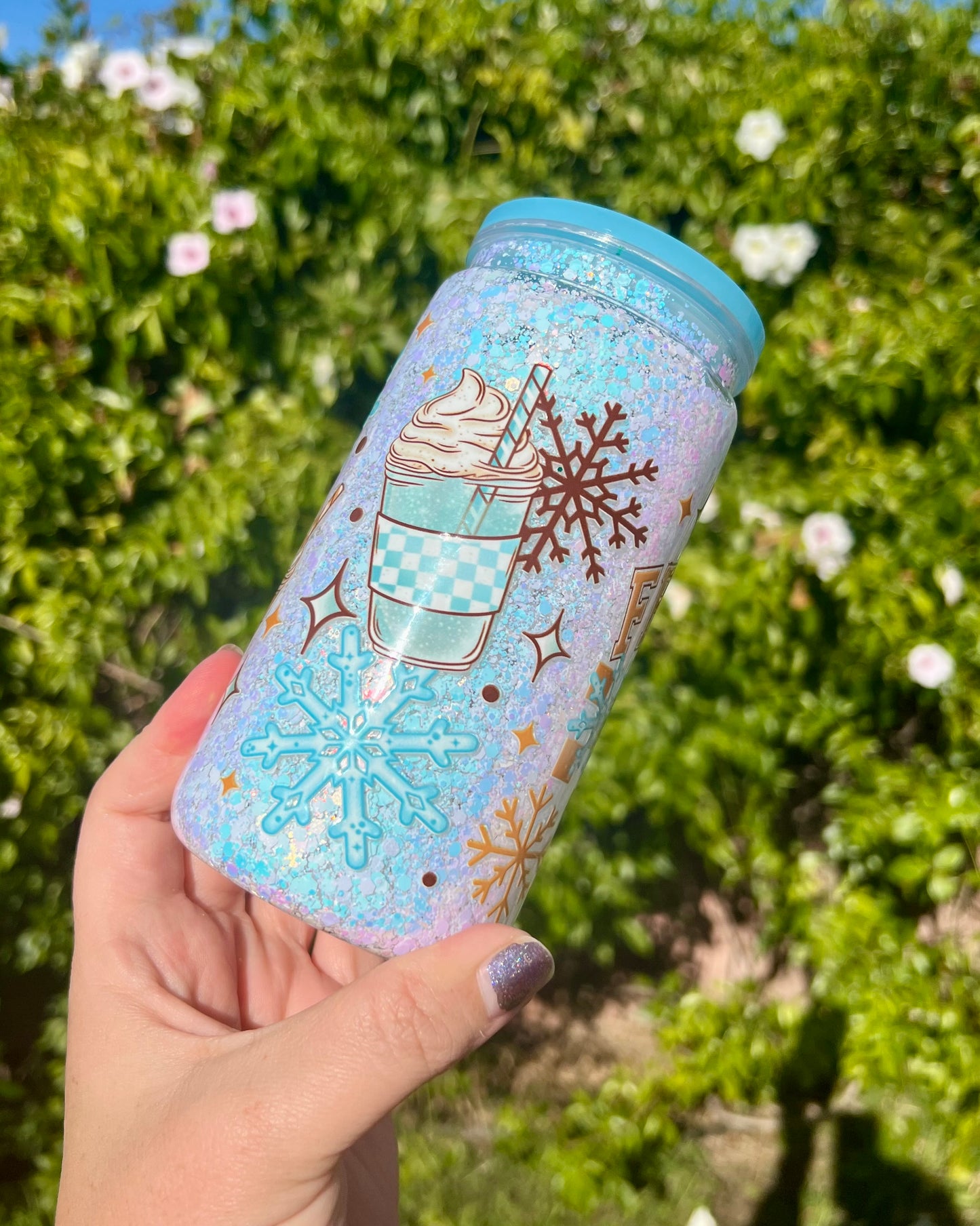 16 oz Acrylic Snow Globe FREEZING beverages Snowflake Tumbler