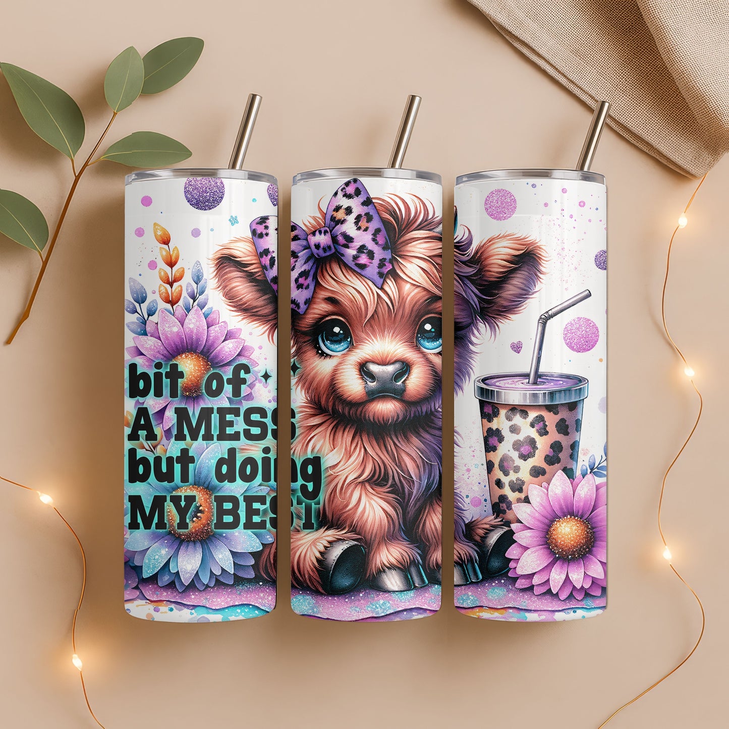Bit of a Mess Highland Cow 20 oz. Skinny Tumbler