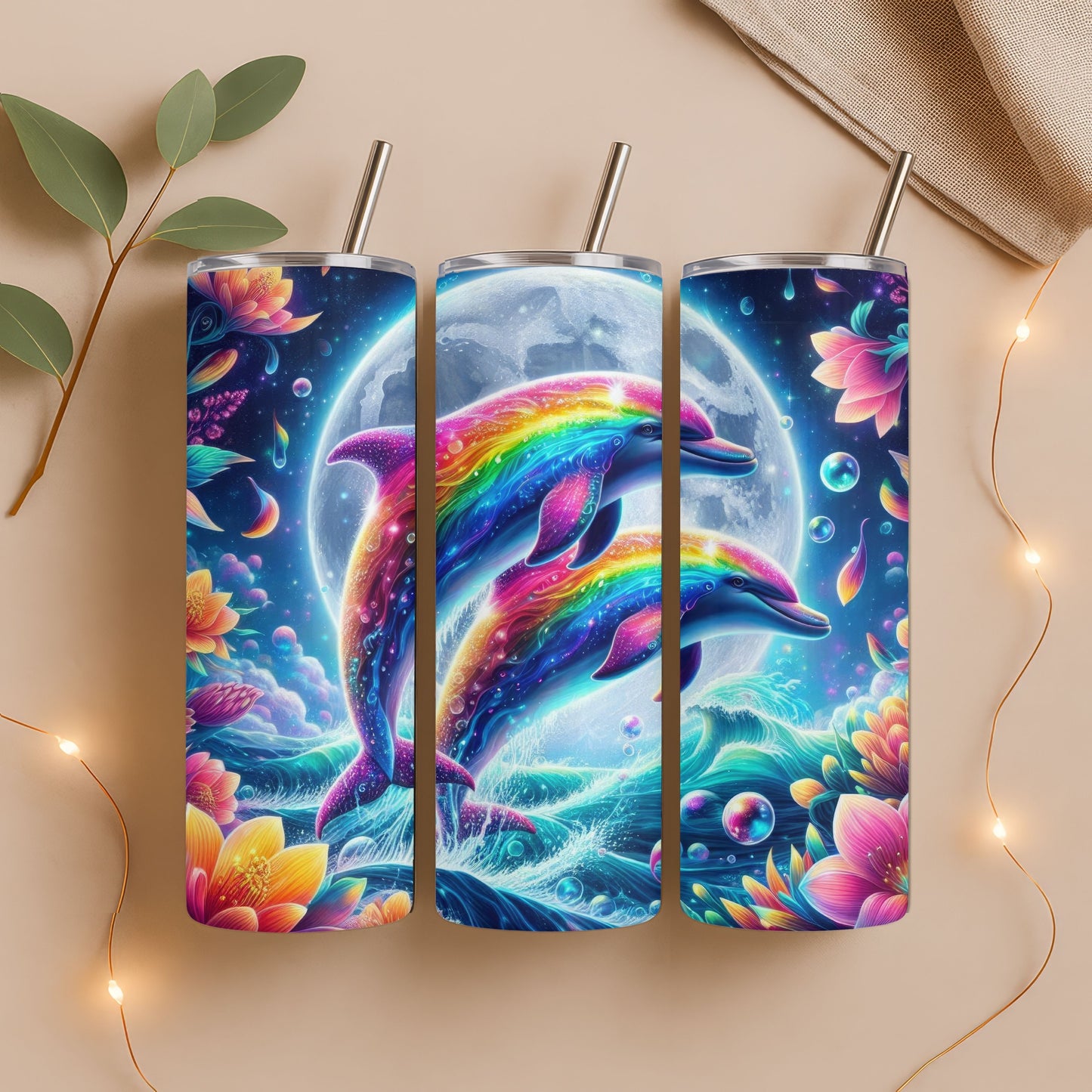 Dolphin Rainbow Moon 20 oz. Skinny Tumbler