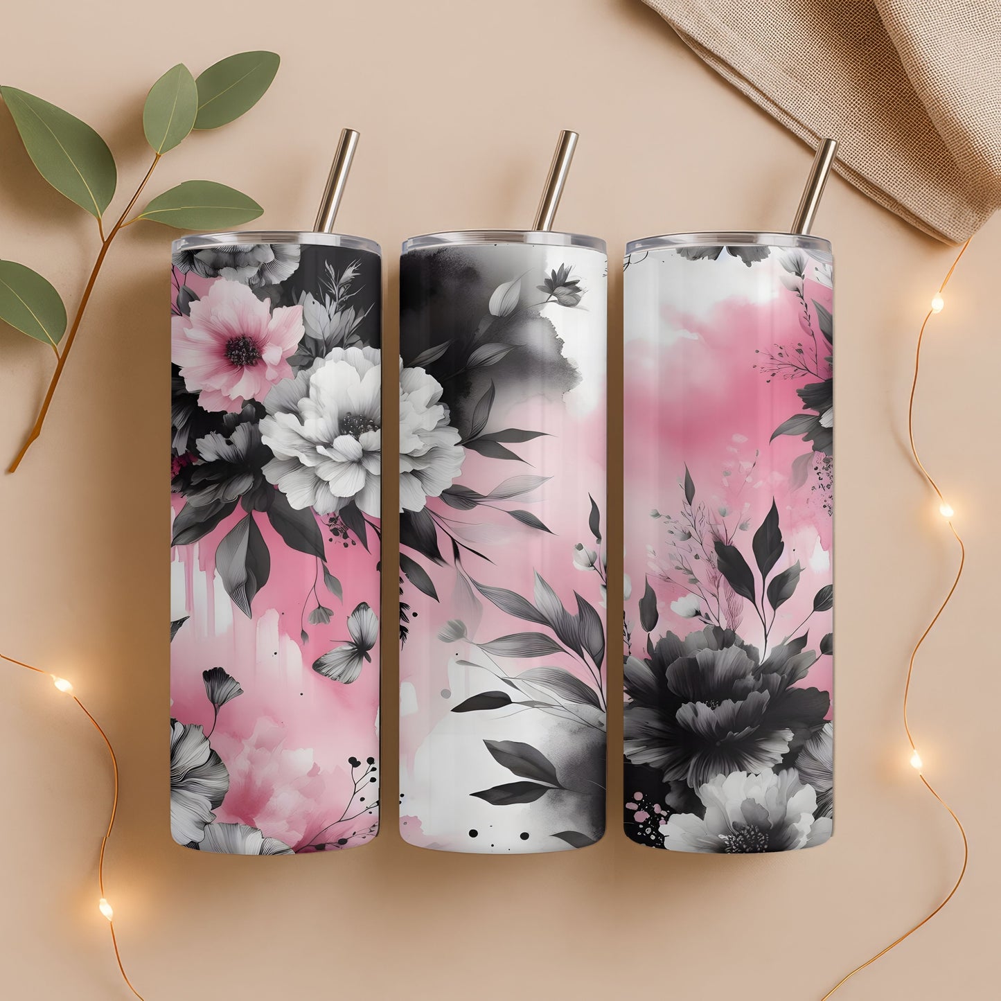 Pink and Black Floral 20 oz. Skinny Tumbler