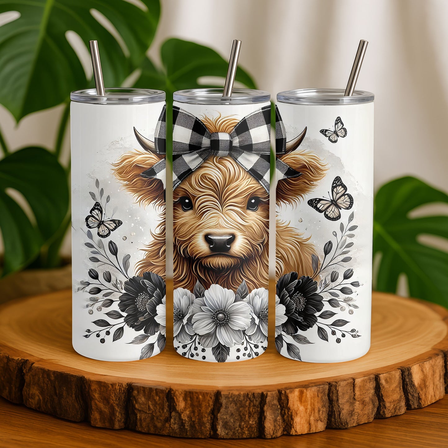Highland Cow Black and White Gingham  20 oz. Skinny Tumbler