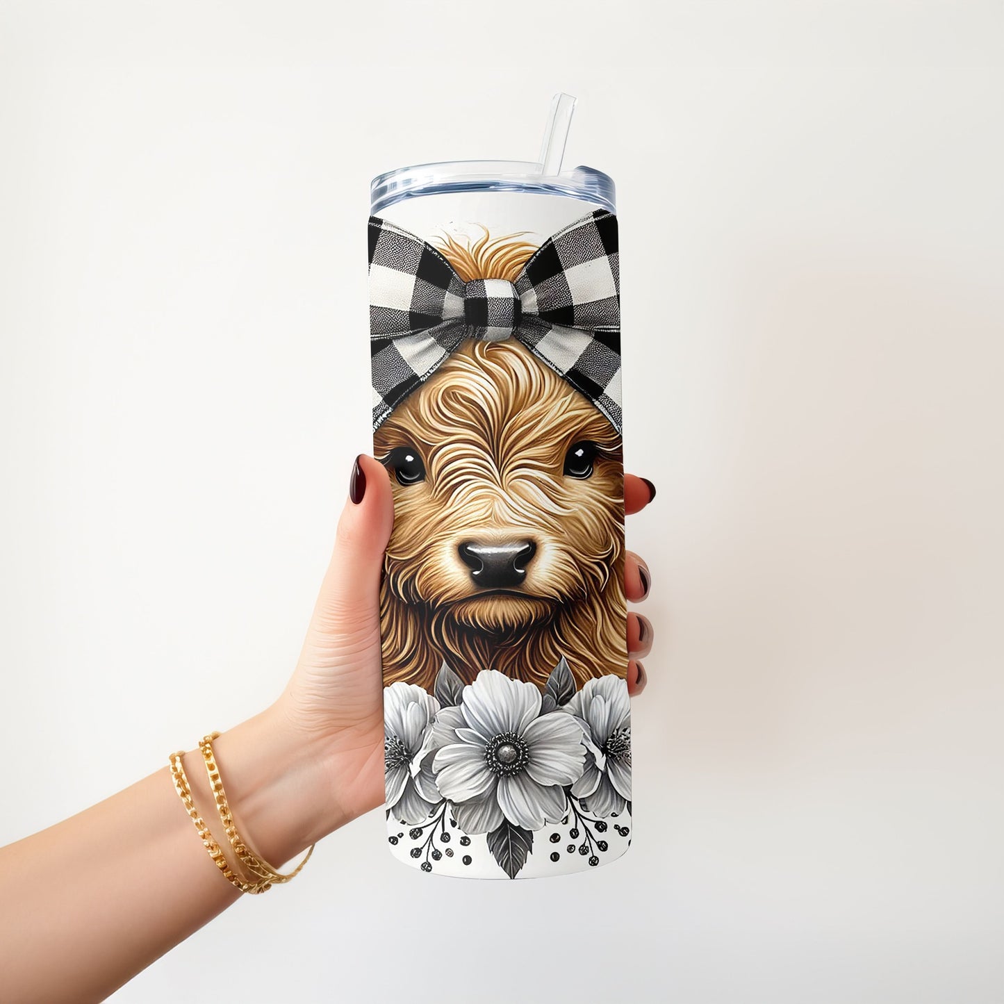 Highland Cow Black and White Gingham  20 oz. Skinny Tumbler