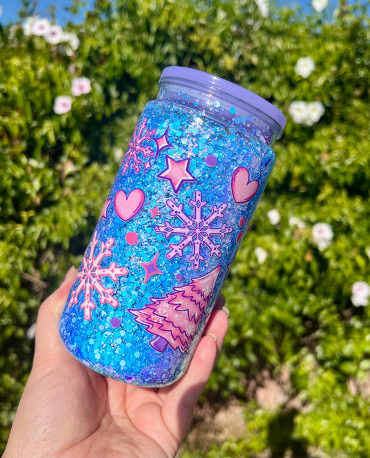 16 oz Acrylic Snow Globe Pink Tree & Snowflake Glitter Tumbler