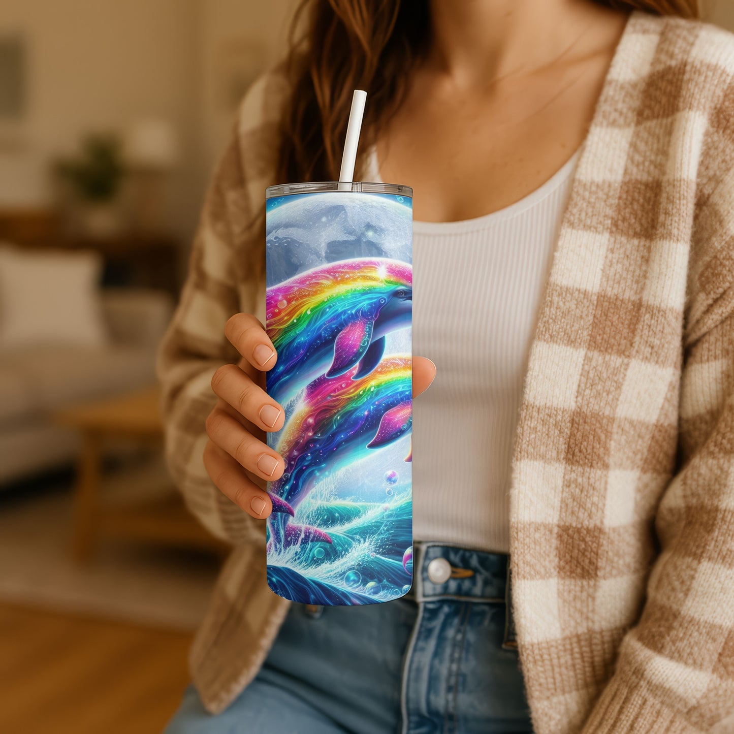 Dolphin Rainbow Moon 20 oz. Skinny Tumbler