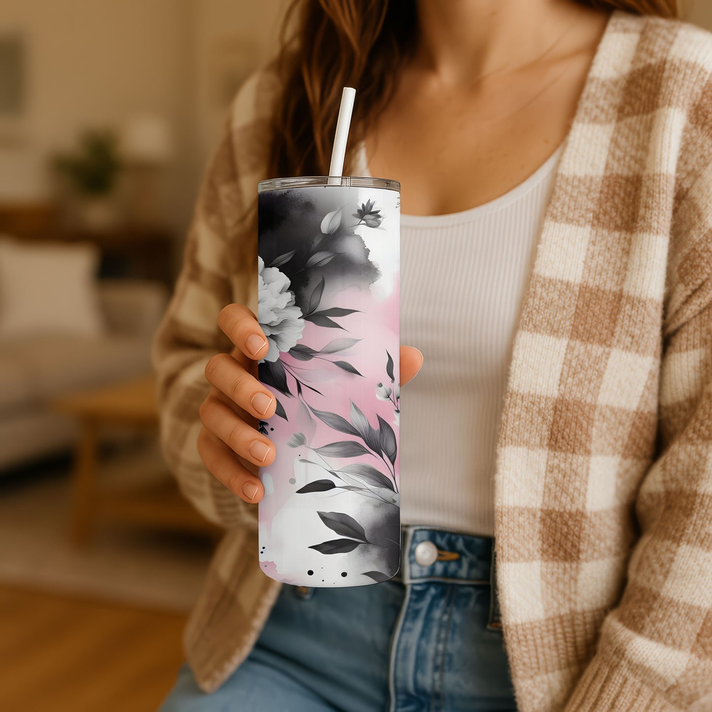 Pink and Black Floral 20 oz. Skinny Tumbler
