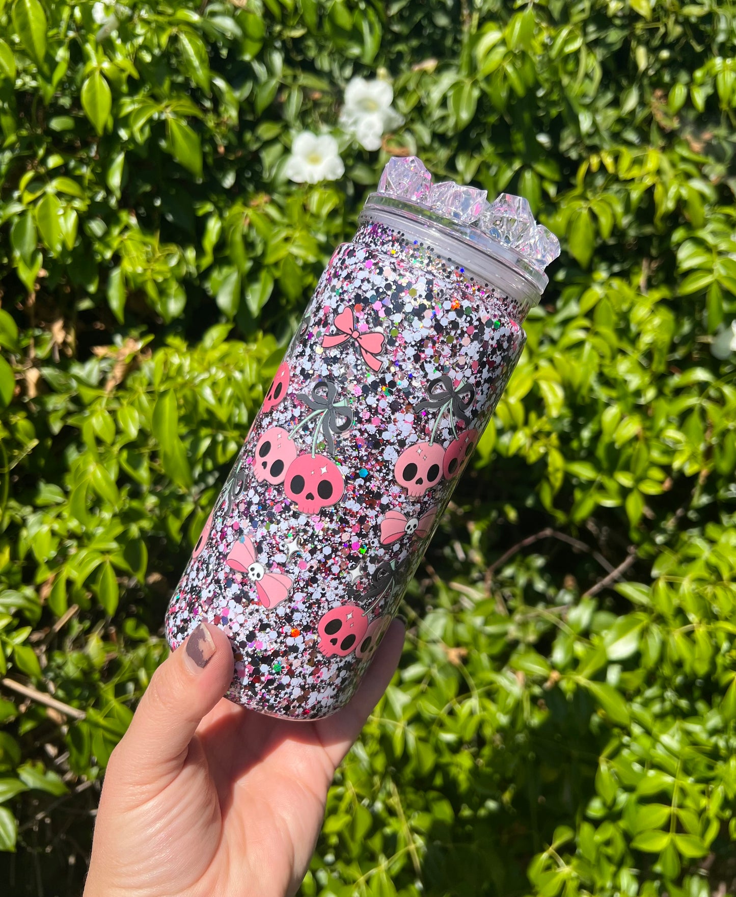 20 oz Acrylic Snow Globe Skull Cherries Glitter Tumbler