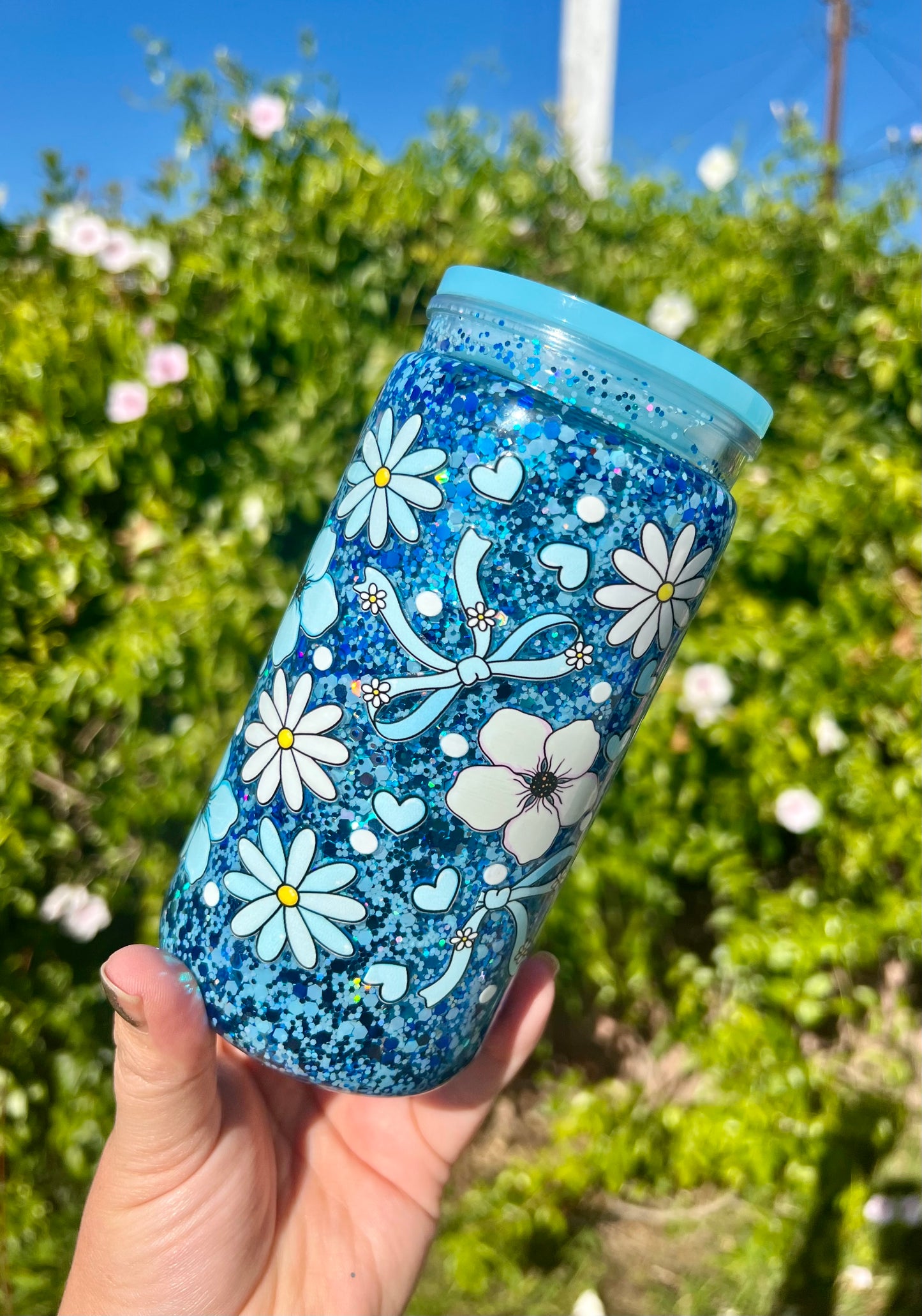 16 oz Acrylic Snow Globe Flowers & Bows Glitter Tumbler
