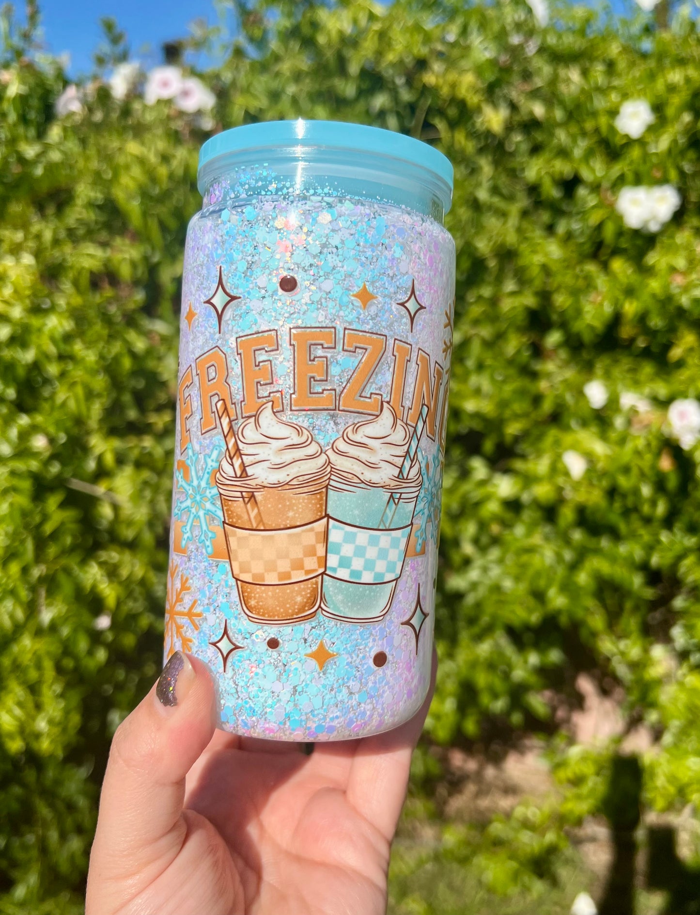 16 oz Acrylic Snow Globe FREEZING beverages Snowflake Tumbler