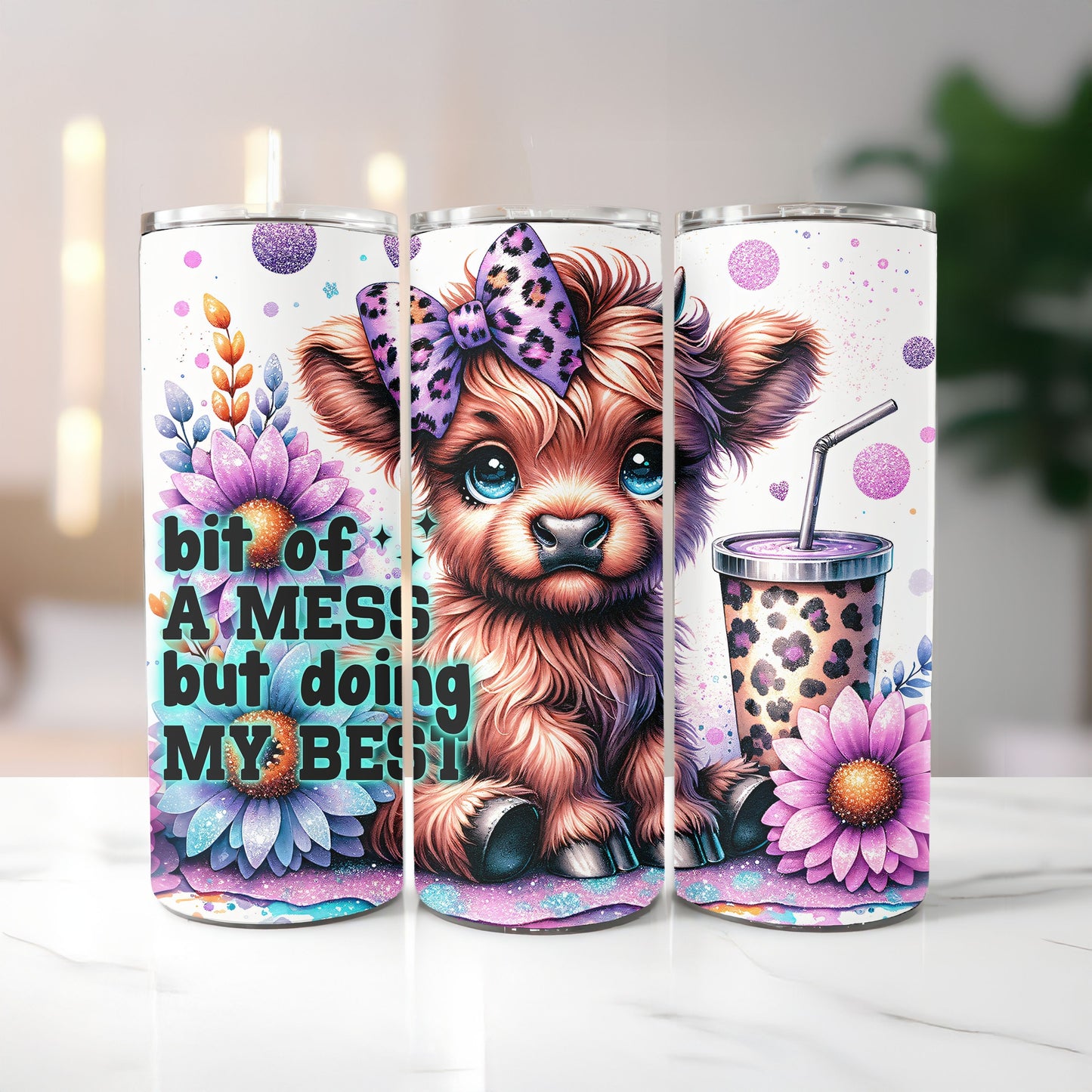 Bit of a Mess Highland Cow 20 oz. Skinny Tumbler