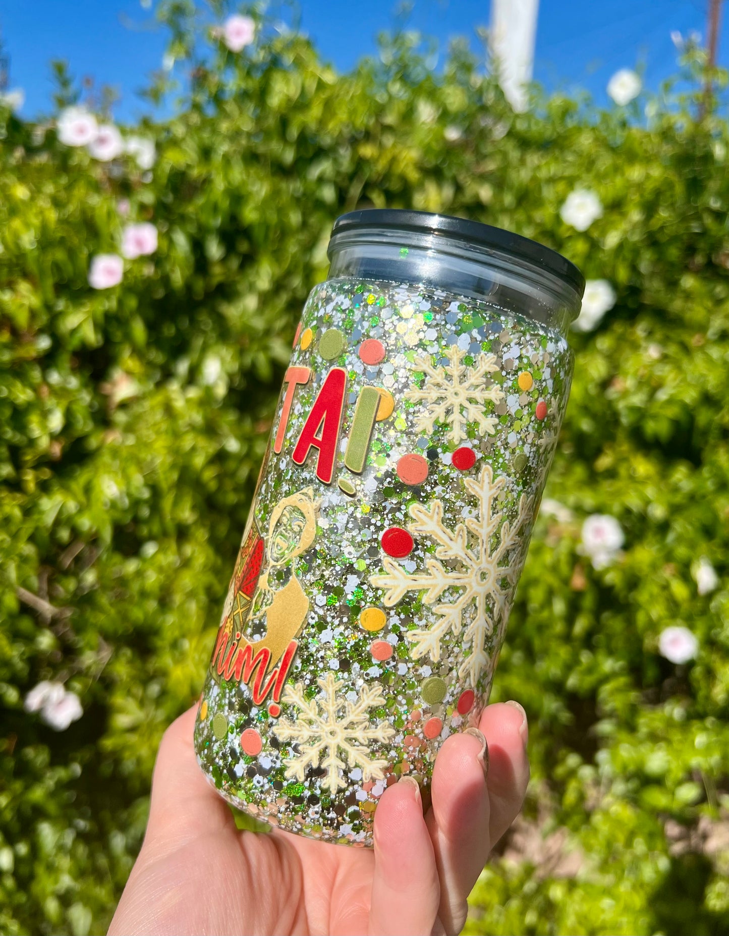 16 oz Acrylic Snow Globe "Santa" Holiday Glitter Tumbler