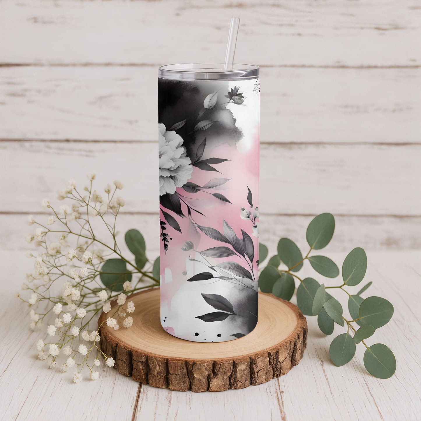 Pink and Black Floral 20 oz. Skinny Tumbler
