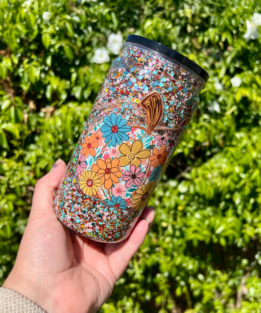 16 oz Acrylic Snow Globe Cute Pumpkin Glitter Tumbler