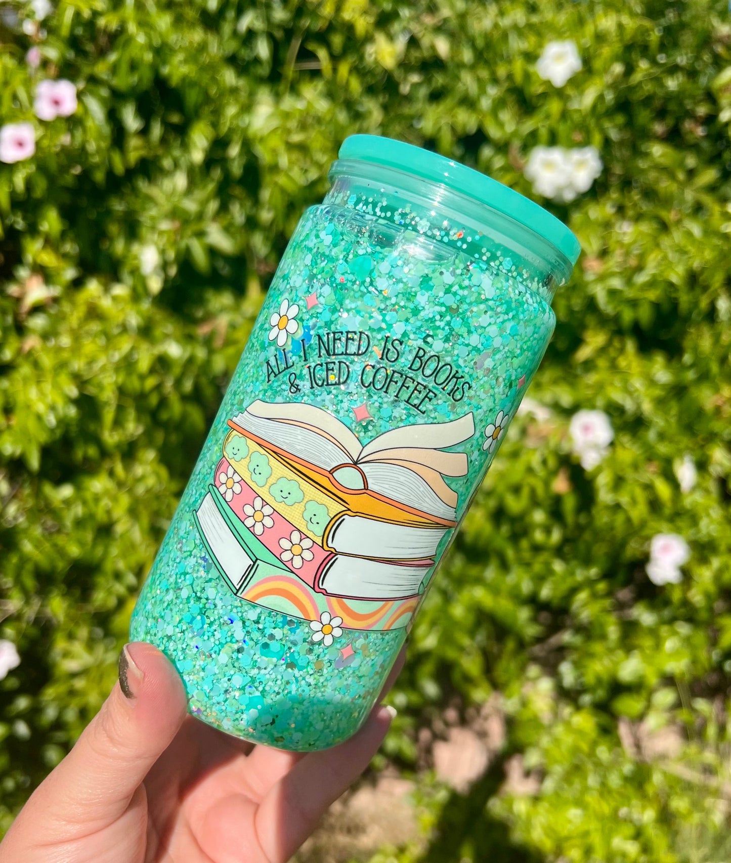 16 oz Acrylic Snow Globe Coffee & Books Glitter Tumbler