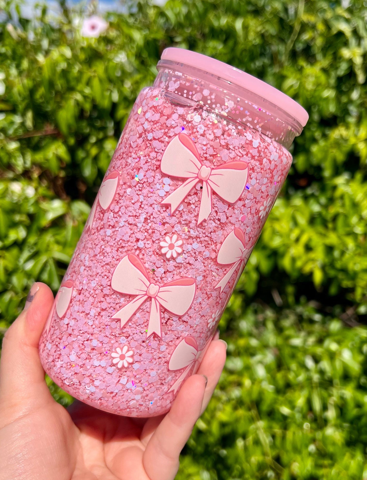 16 oz Acrylic Snow Globe Pink Coquette Bow Glitter Tumbler