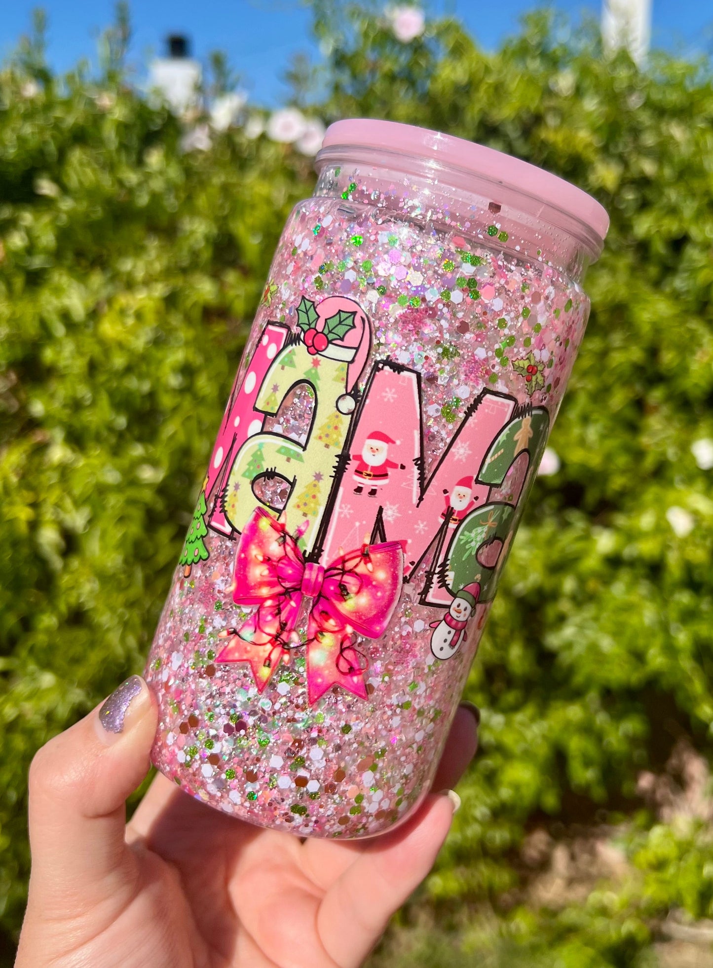 16 oz Acrylic Snow Globe Pink Holiday Mama Glitter Tumbler