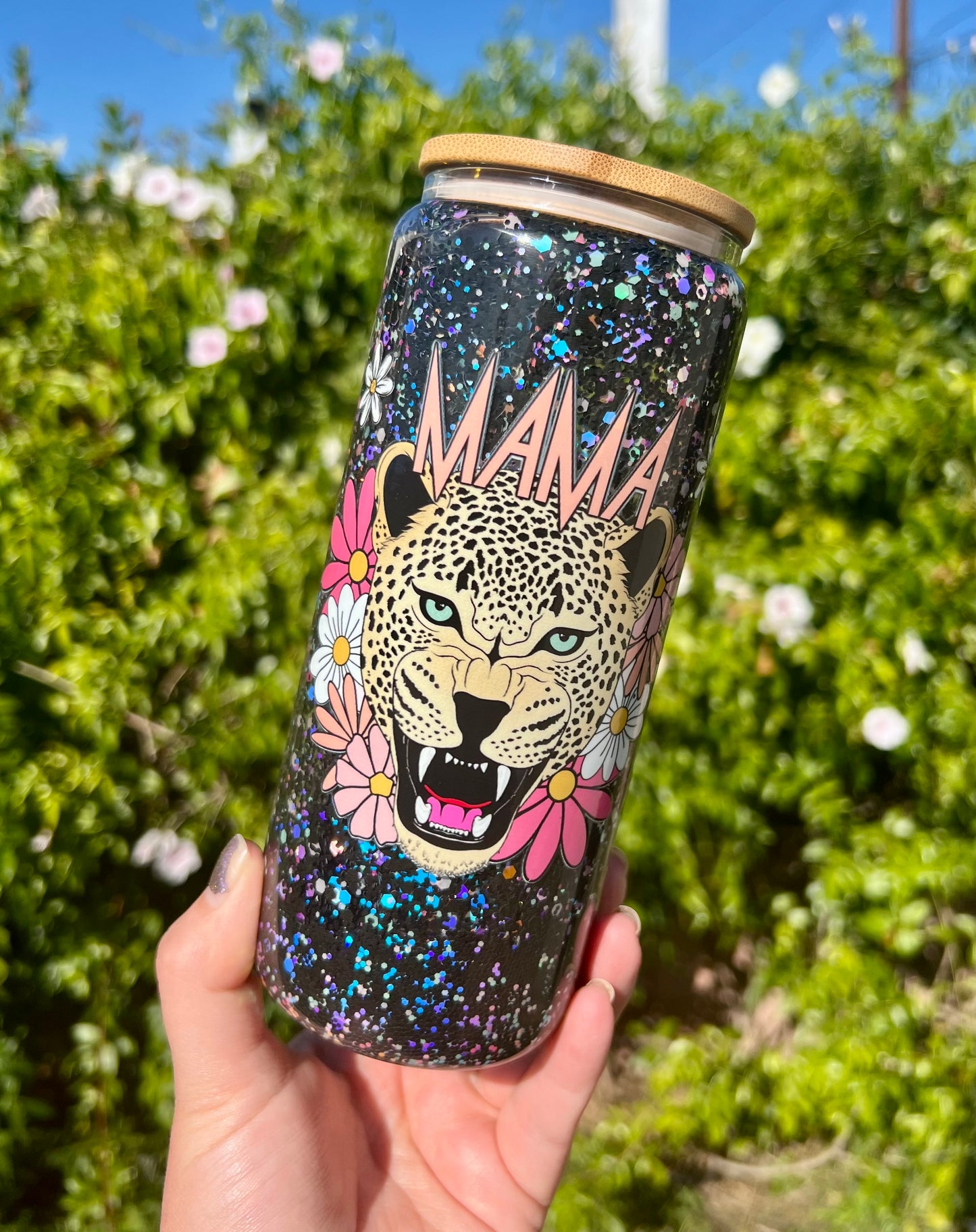 20 oz Glass Mug Style Snow Globe Mama Tiger Glitter Tumbler