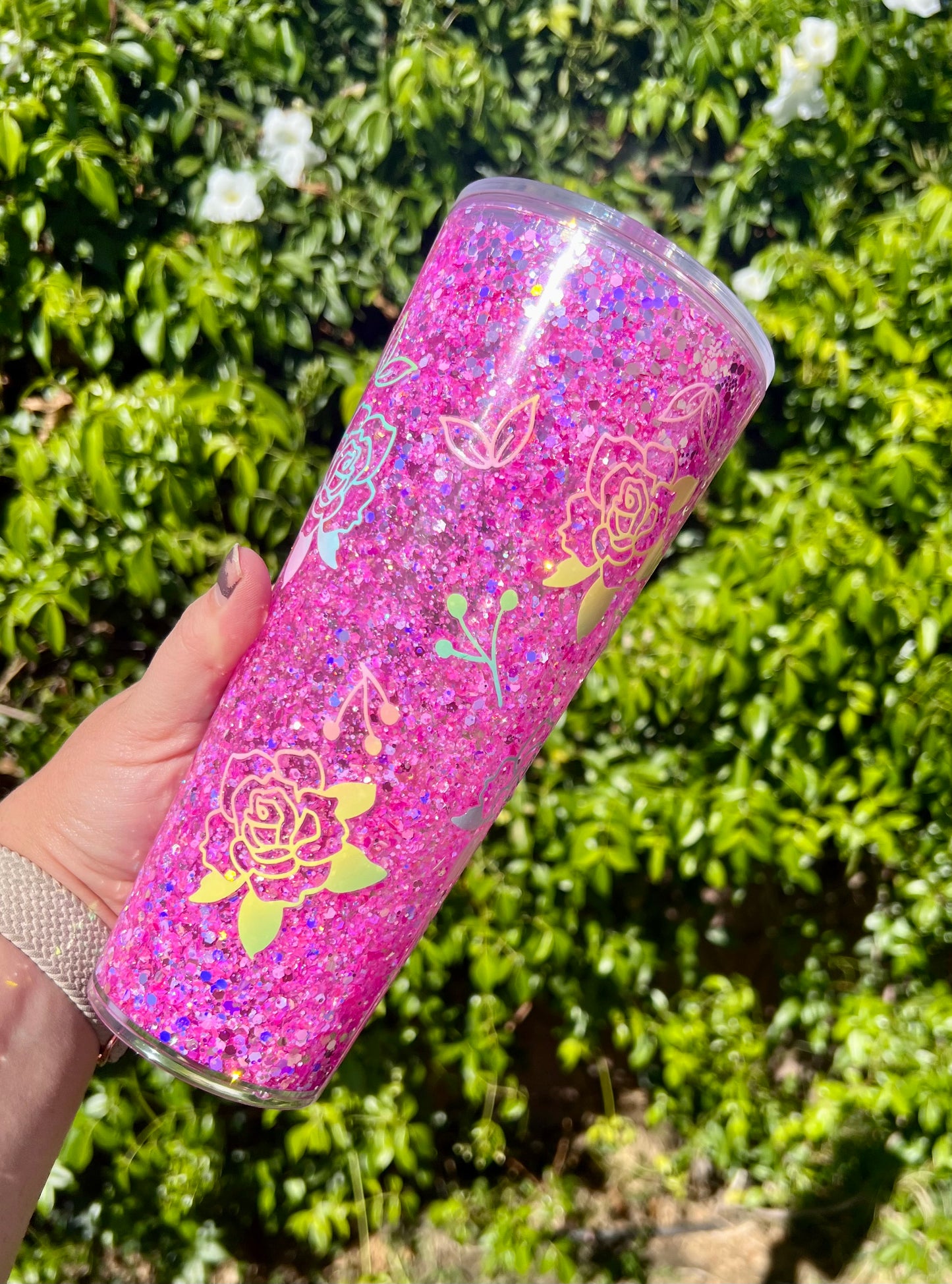 24 oz Acrylic Snow Globe Ombre Floral Glitter Tumbler