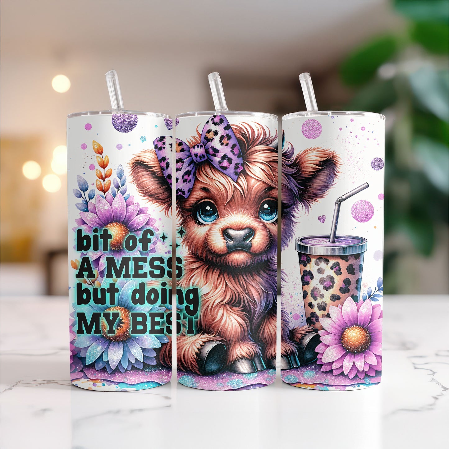 Bit of a Mess Highland Cow 20 oz. Skinny Tumbler