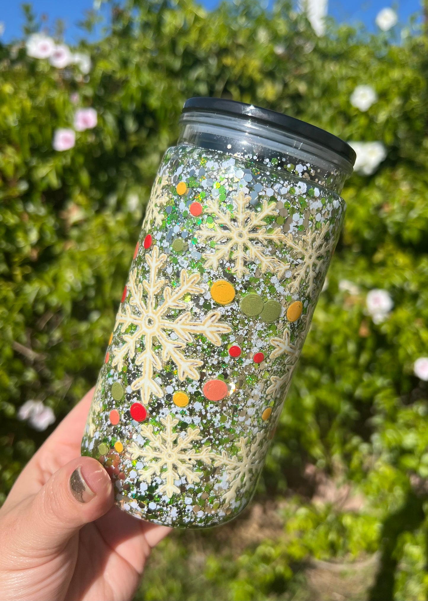 16 oz Acrylic Snow Globe "Santa" Holiday Glitter Tumbler