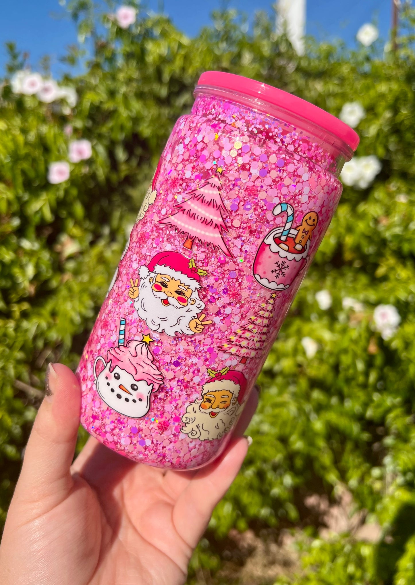 16 oz Acrylic Snow Globe Pink Holiday vibes Glitter Tumbler