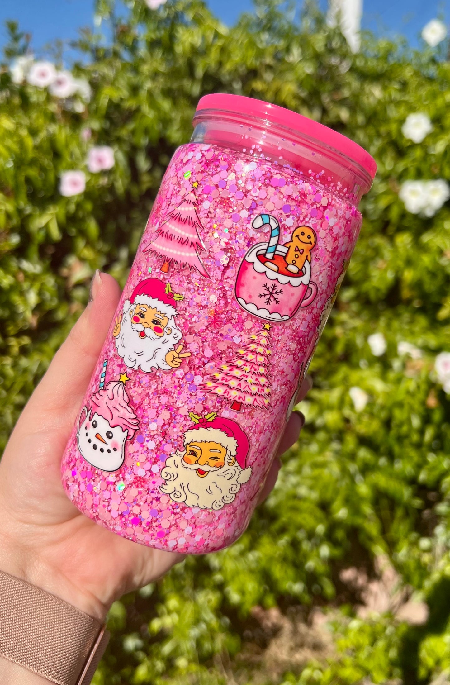 16 oz Acrylic Snow Globe Pink Holiday vibes Glitter Tumbler